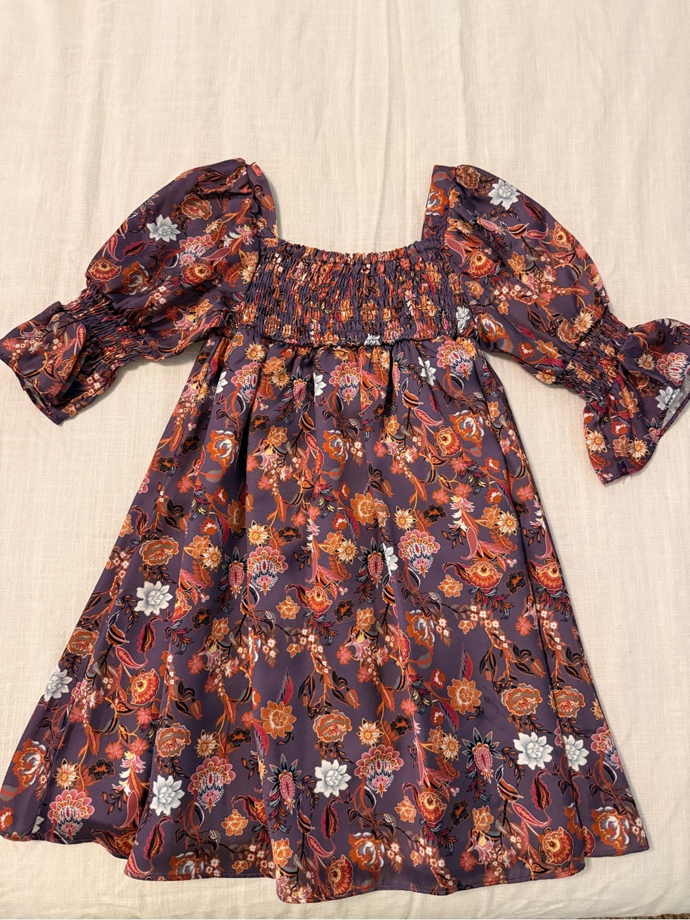 Pippa & Julie Purple Floral Puff-Sleeve Smocked Dress with Orange Accents
